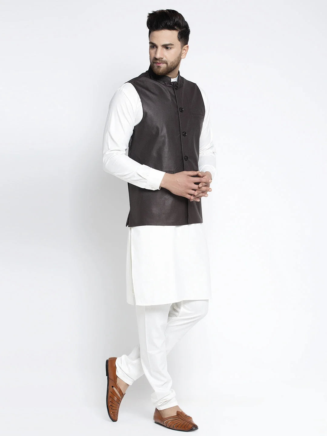 Coffee Waistcoat Mens Kurta Pajama Set | Solid White Cotton