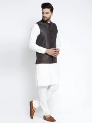 Men's Solid White Cotton Kurta Payjama with Solid Coffee Waistcoat