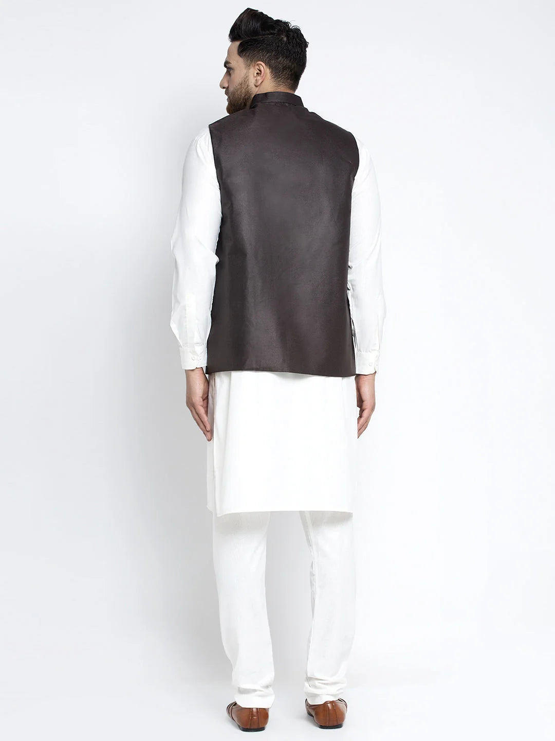 Coffee Waistcoat Mens Kurta Pajama Set | Solid White Cotton