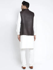 Men's Solid White Cotton Kurta Payjama with Solid Coffee Waistcoat