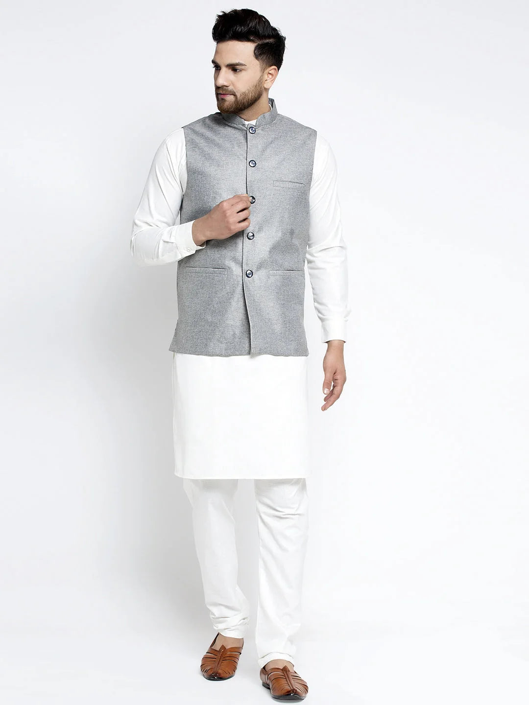 Grey Waistcoat Mens Kurta Pajama Set | Solid White Cotton