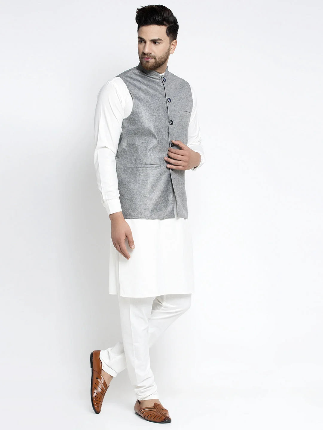 Grey Waistcoat Mens Kurta Pajama Set | Solid White Cotton