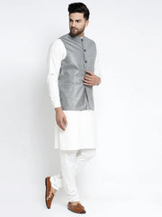 Men's Solid White Cotton Kurta Payjama with Solid Grey Waistcoat