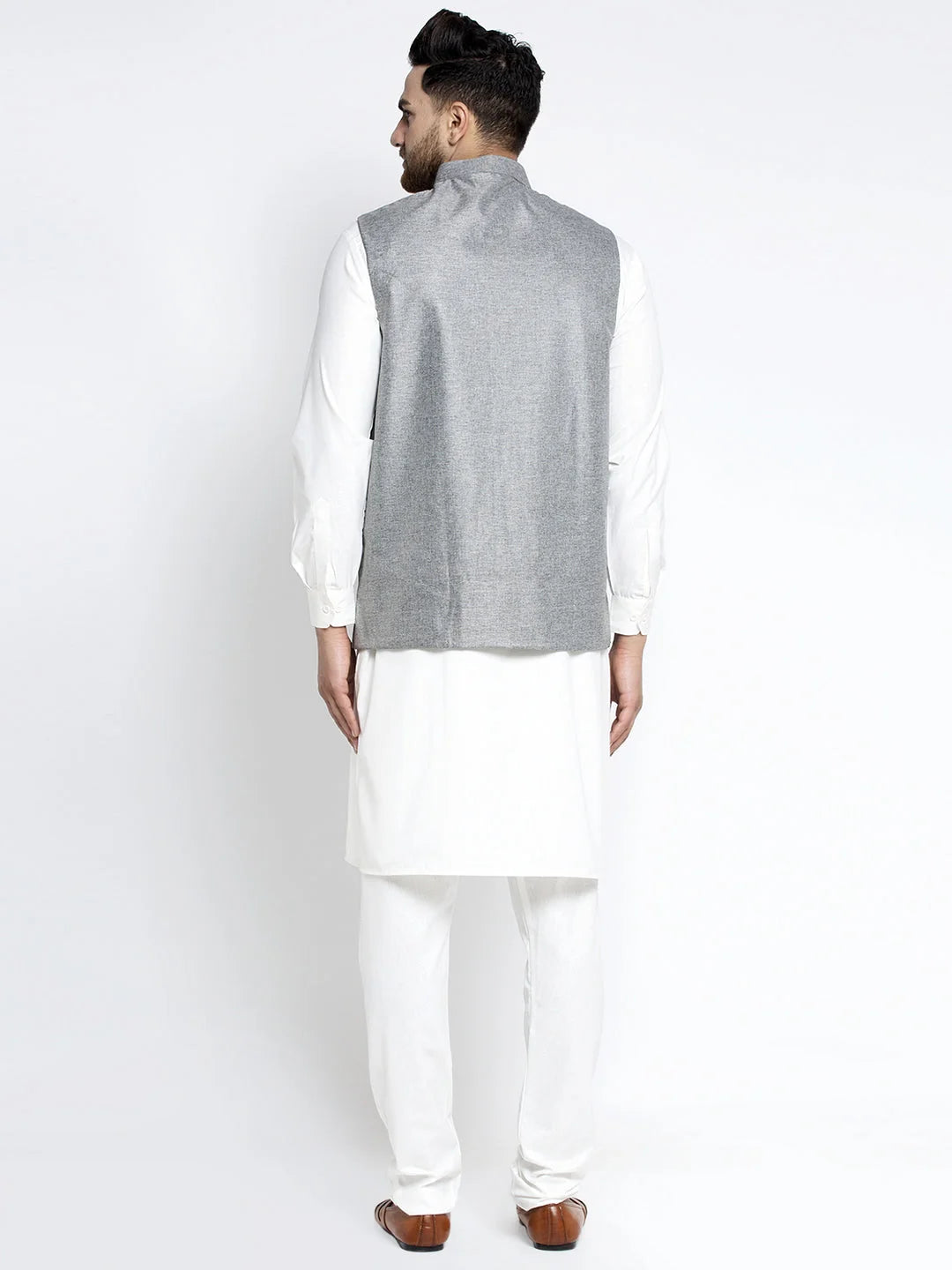 Grey Waistcoat Mens Kurta Pajama Set | Solid White Cotton