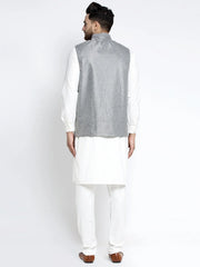 Men's Solid White Cotton Kurta Payjama with Solid Grey Waistcoat