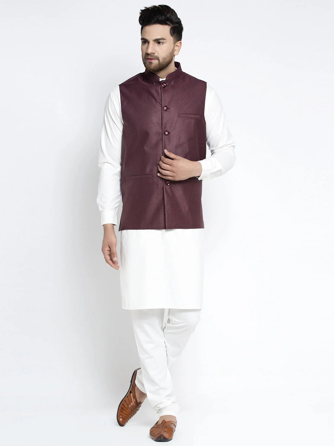 Men's Solid White Cotton Kurta Payjama with Solid Maroon Waistcoat