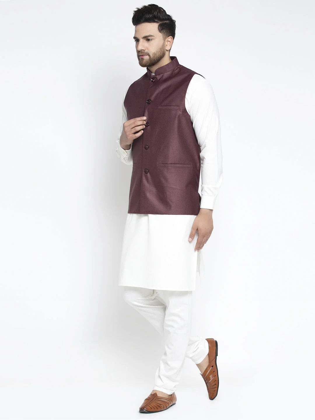 Maroon Waistcoat Mens Kurta Pajama Set | Solid White Cotton