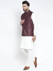 Men's Solid White Cotton Kurta Payjama with Solid Maroon Waistcoat