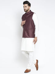 Men's Solid White Cotton Kurta Payjama with Solid Maroon Waistcoat