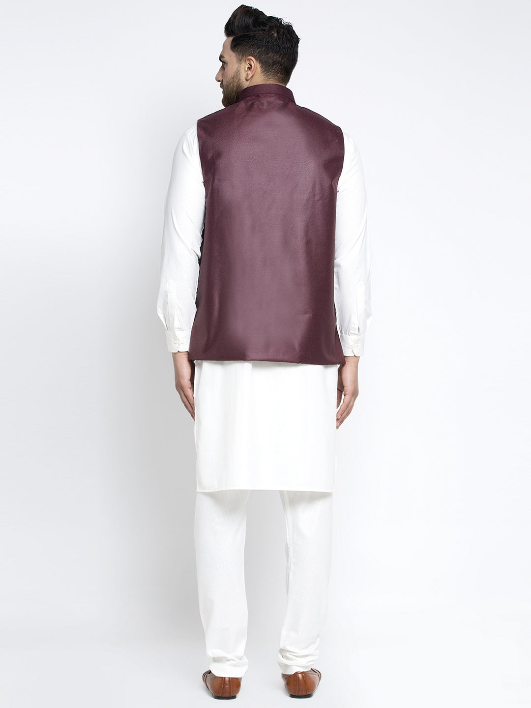 Maroon Waistcoat Mens Kurta Pajama Set | Solid White Cotton