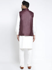 Men's Solid White Cotton Kurta Payjama with Solid Maroon Waistcoat