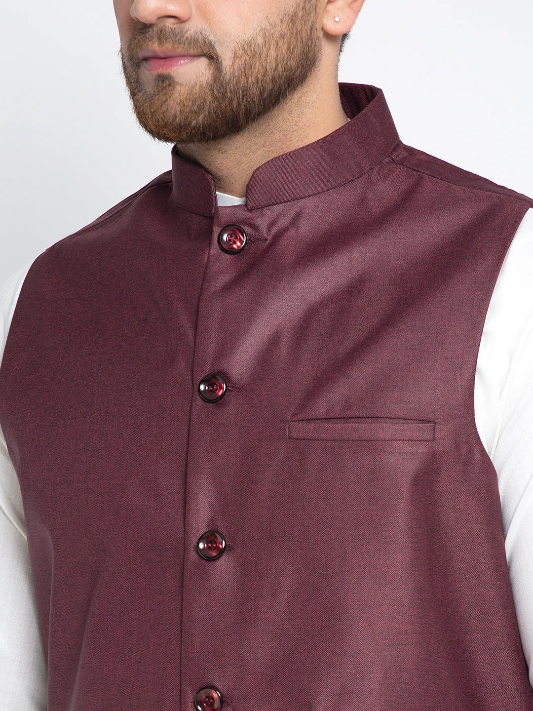 Maroon Waistcoat Mens Kurta Pajama Set | Solid White Cotton