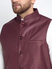 Men's Solid White Cotton Kurta Payjama with Solid Maroon Waistcoat