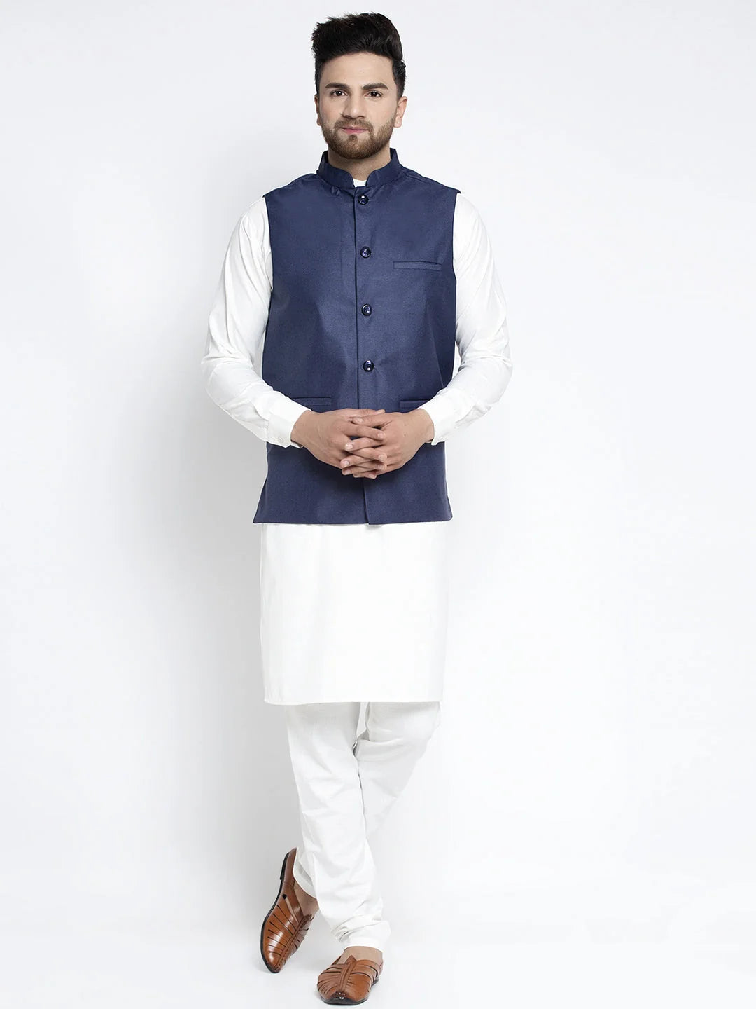 Navy Waistcoat Mens Kurta Pajama Set | Solid White Cotton