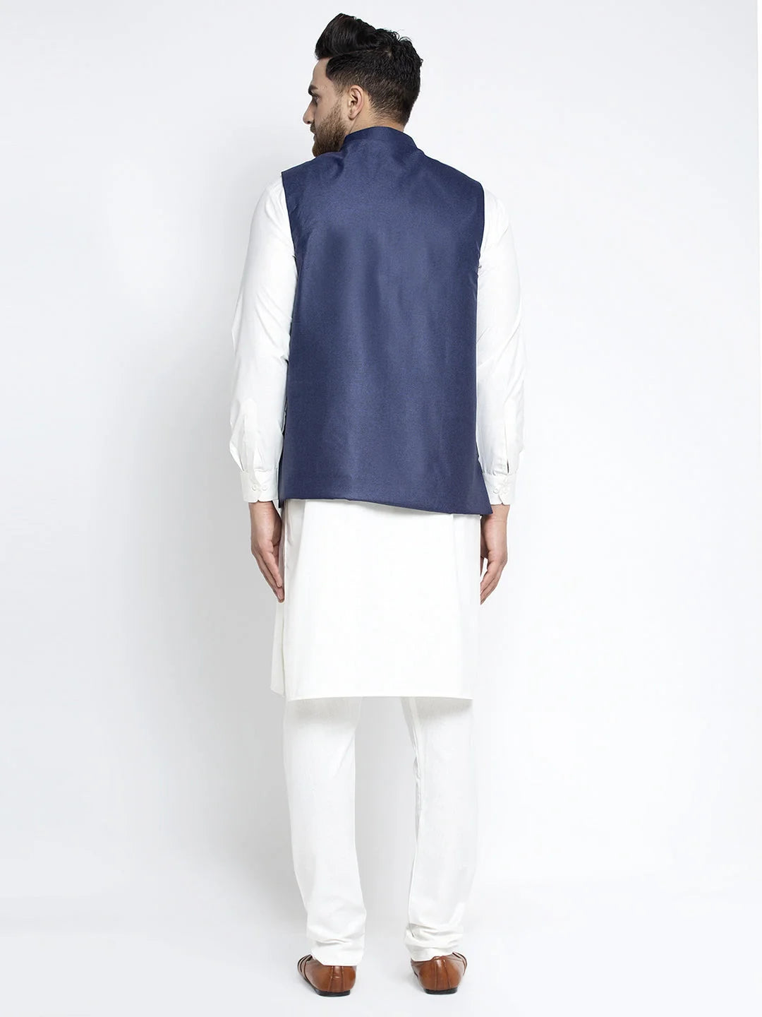 Navy Waistcoat Mens Kurta Pajama Set | Solid White Cotton