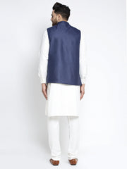 Men's Solid White Cotton Kurta Payjama with Solid Navy Waistcoat