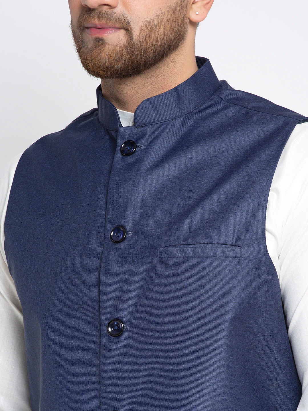Navy Waistcoat Mens Kurta Pajama Set | Solid White Cotton