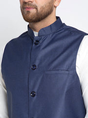Men's Solid White Cotton Kurta Payjama with Solid Navy Waistcoat