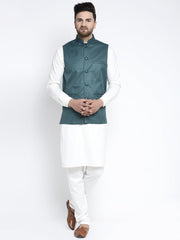 Men's Solid White Cotton Kurta Payjama with Solid Teal Waistcoat