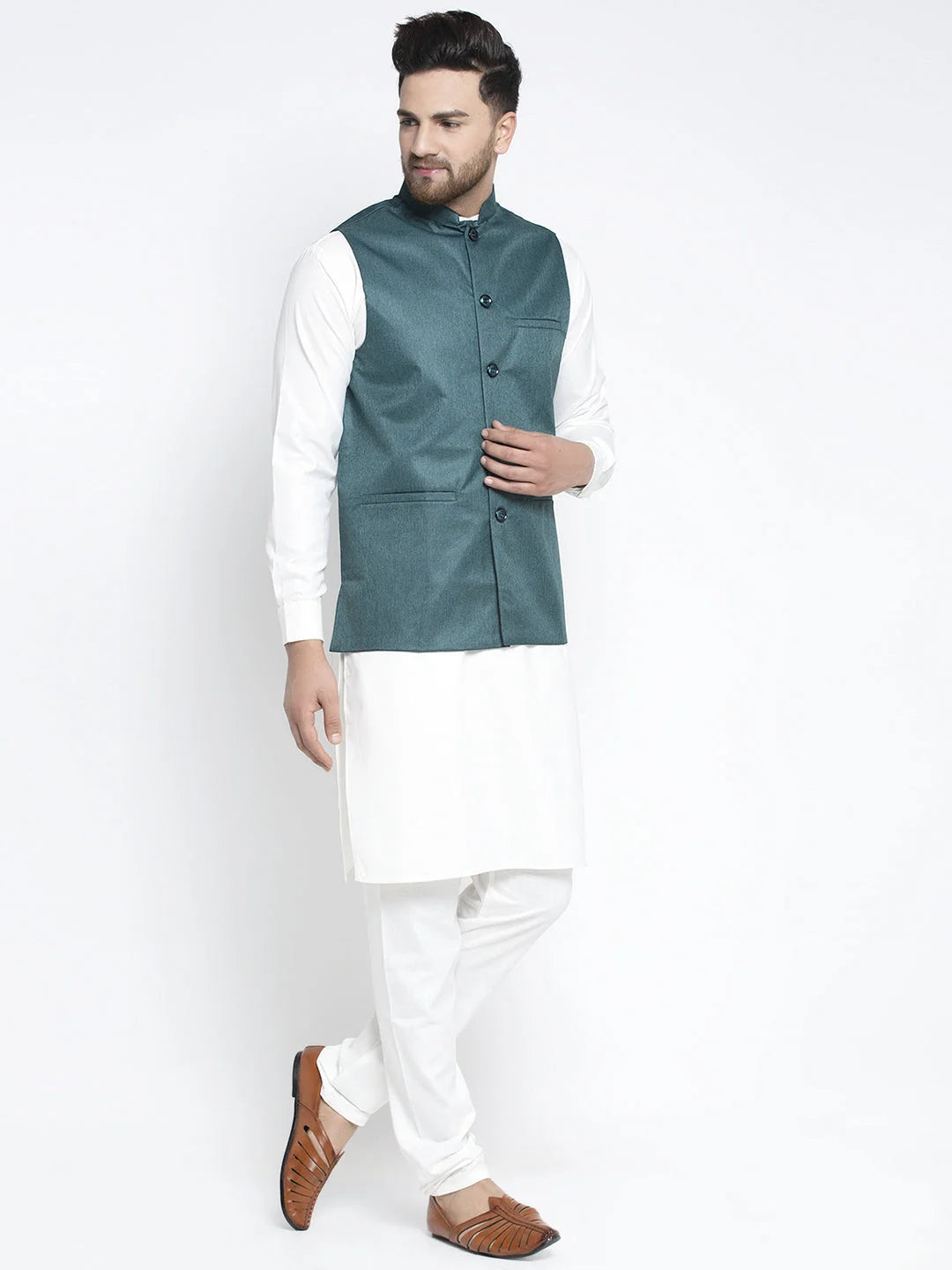 Teal Waistcoat Mens Kurta Pajama Set | Solid White Cotton