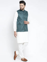 Men's Solid White Cotton Kurta Payjama with Solid Teal Waistcoat