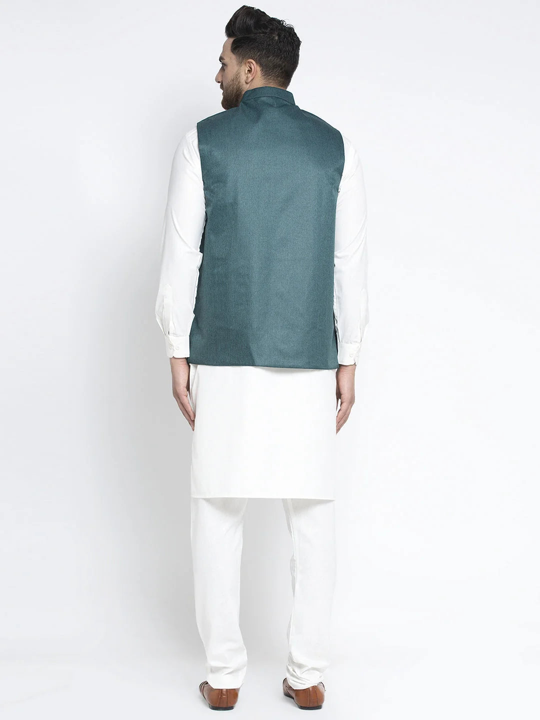 Teal Waistcoat Mens Kurta Pajama Set | Solid White Cotton