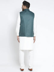 Men's Solid White Cotton Kurta Payjama with Solid Teal Waistcoat