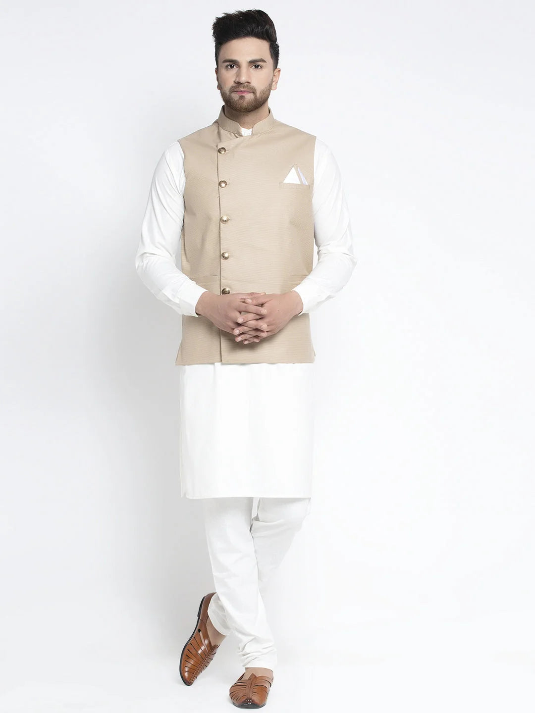 White Cotton Mens Kurta Set - Geometric Waistcoat Design