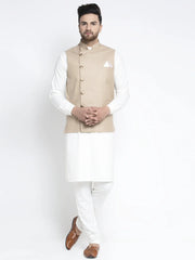 Men's Solid White Cotton Kurta with Geometric Waistcoat