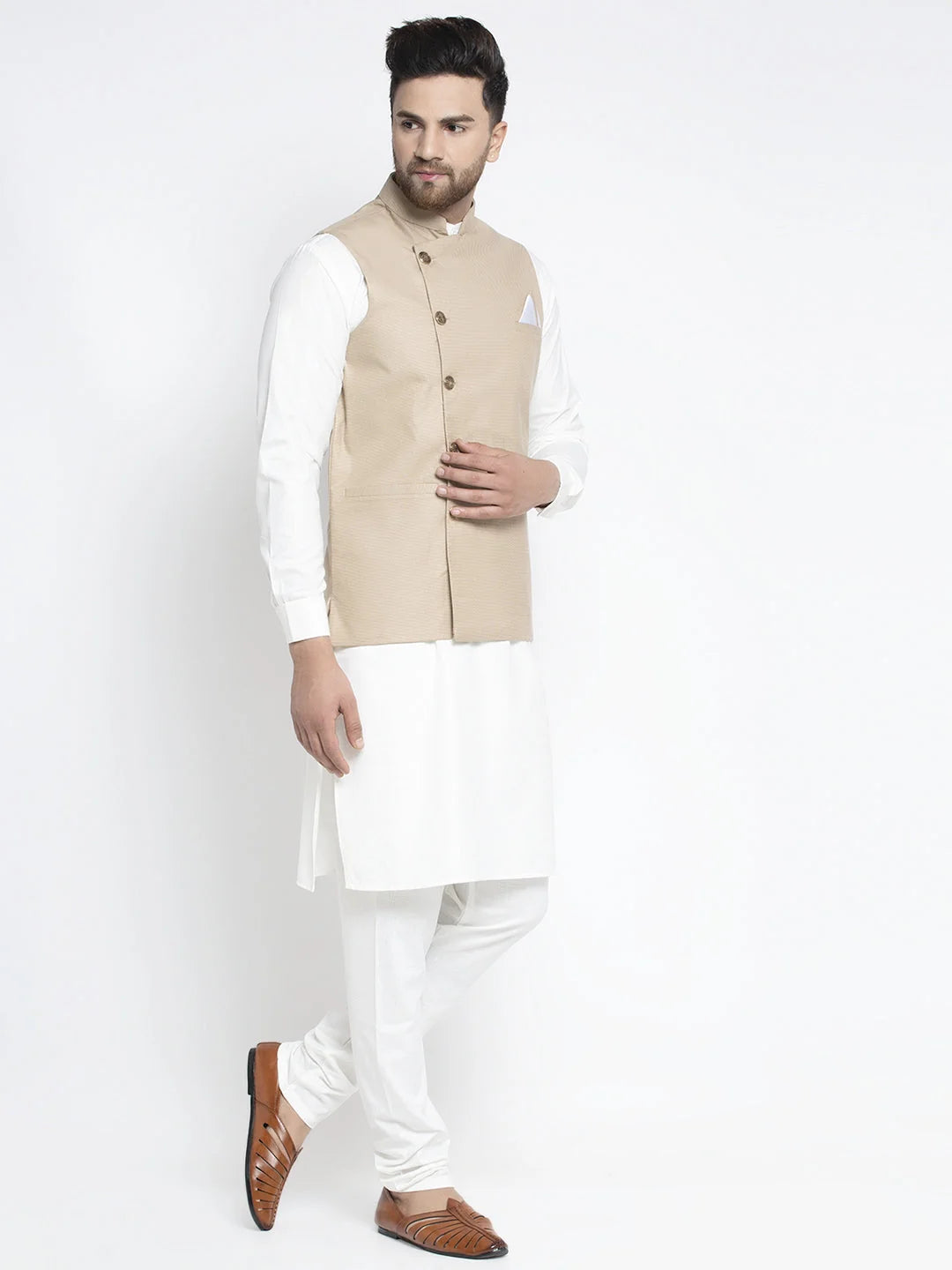 White Cotton Mens Kurta Set - Geometric Waistcoat Design