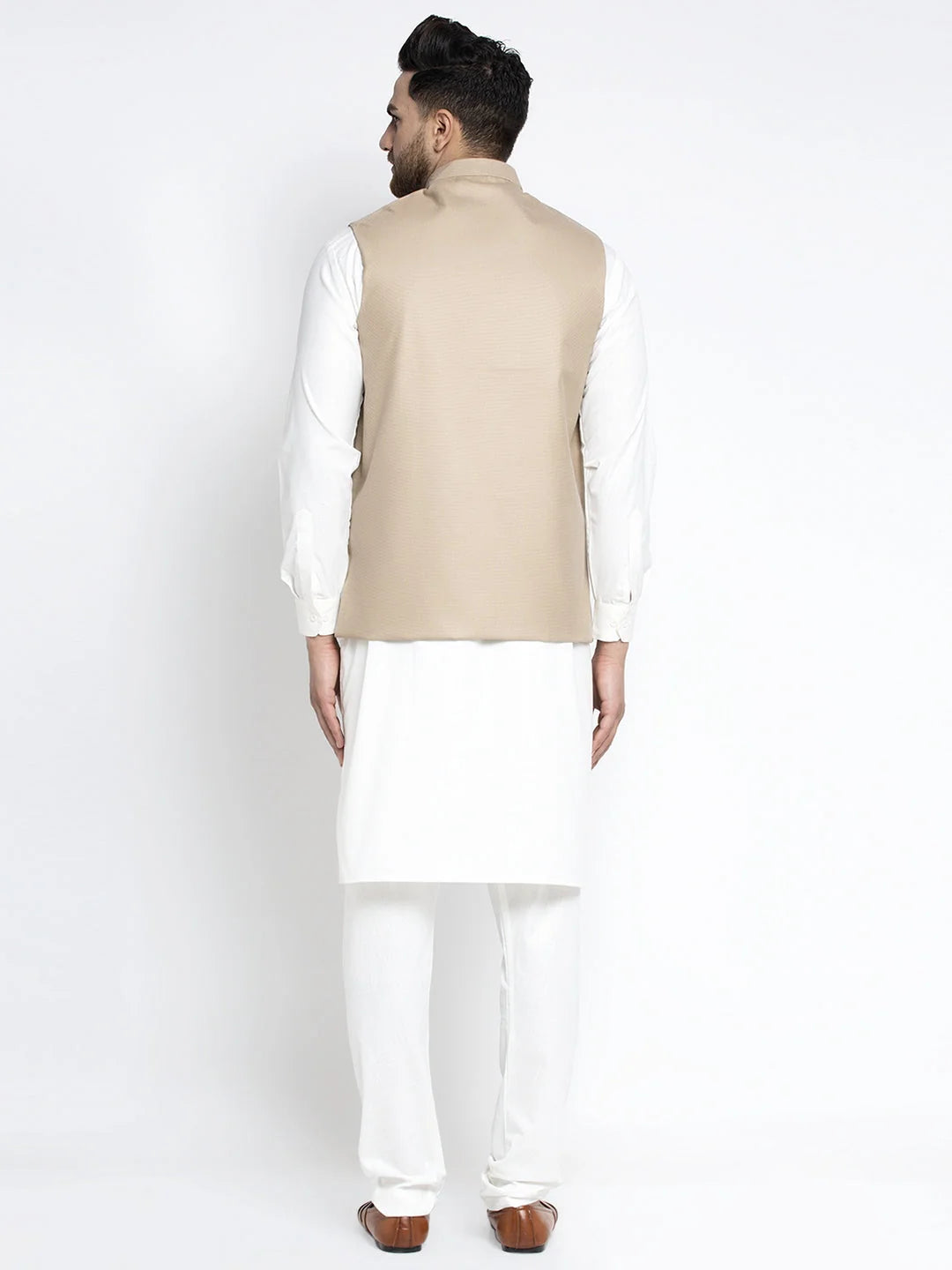 White Cotton Mens Kurta Set - Geometric Waistcoat Design
