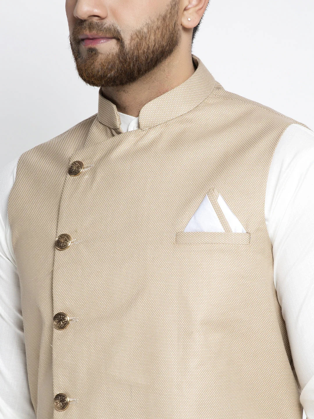 White Cotton Mens Kurta Set - Geometric Waistcoat Design