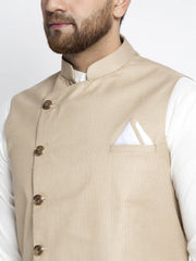 Men's Solid White Cotton Kurta with Geometric Waistcoat