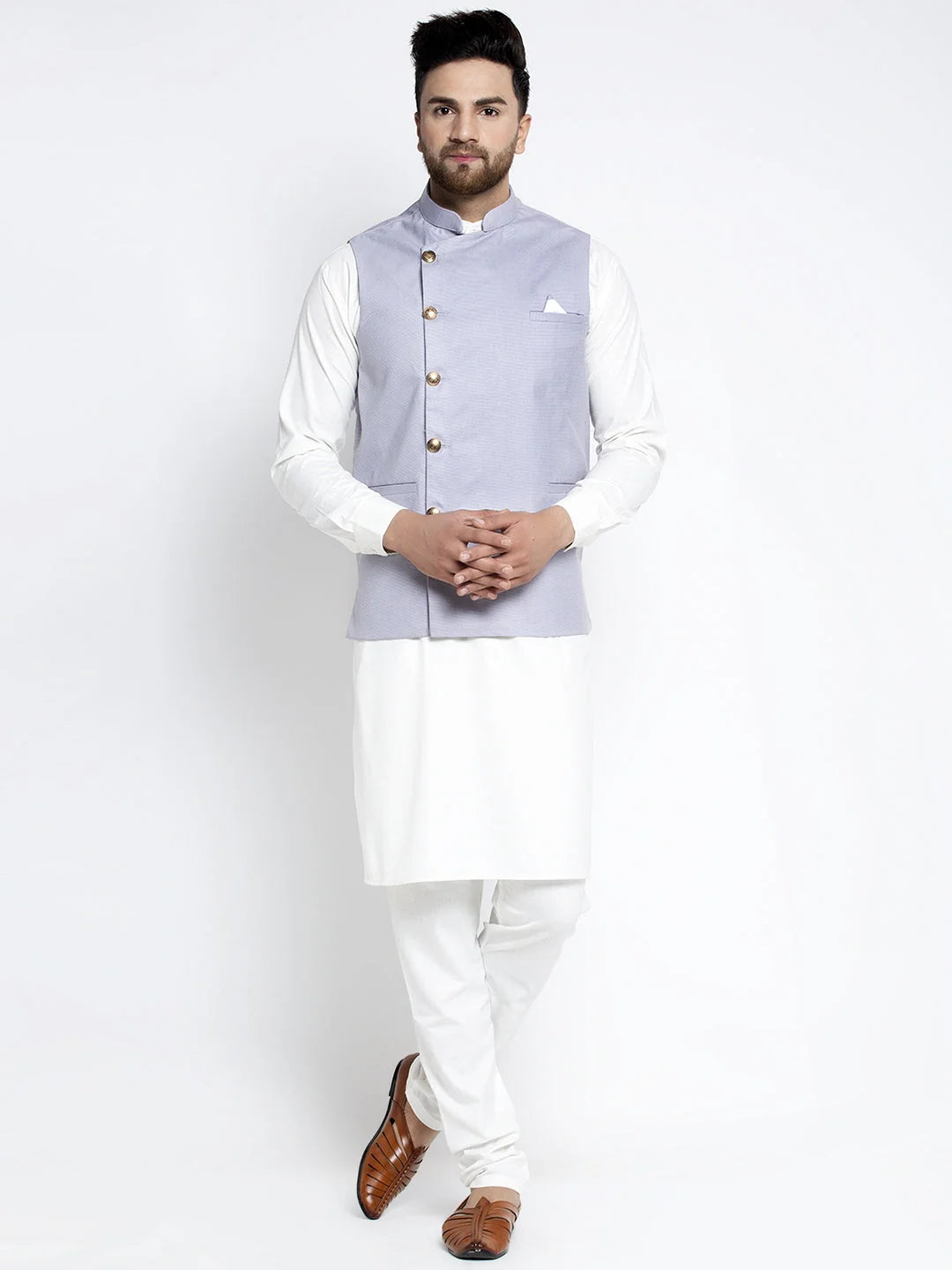 White Cotton Mens Kurta Geometric Waistcoat - Kurta Pajama