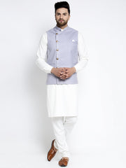 Men's Solid White Cotton Kurta Geometric Waistcoat