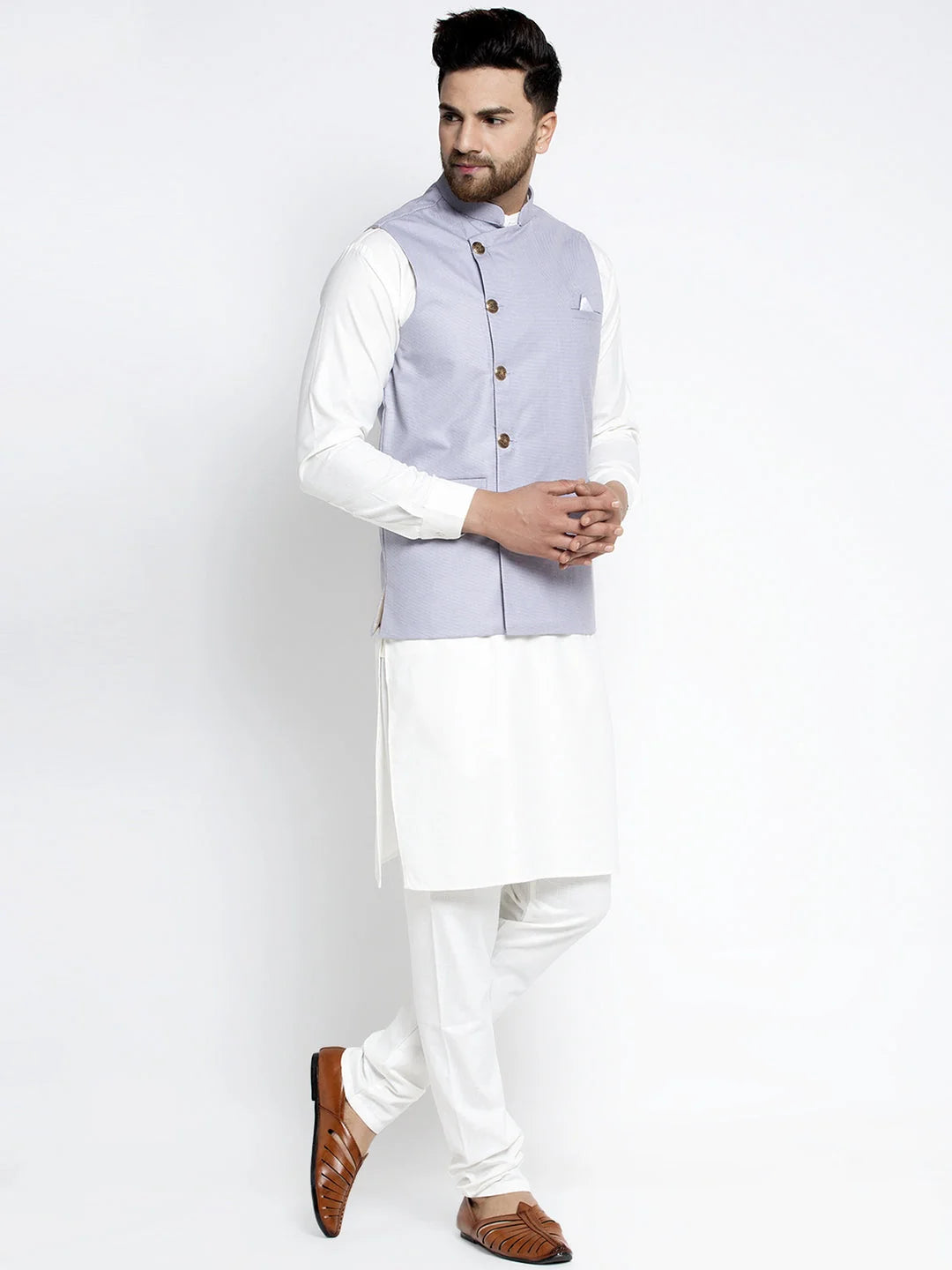 White Cotton Mens Kurta Geometric Waistcoat - Kurta Pajama