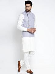 Men's Solid White Cotton Kurta Geometric Waistcoat