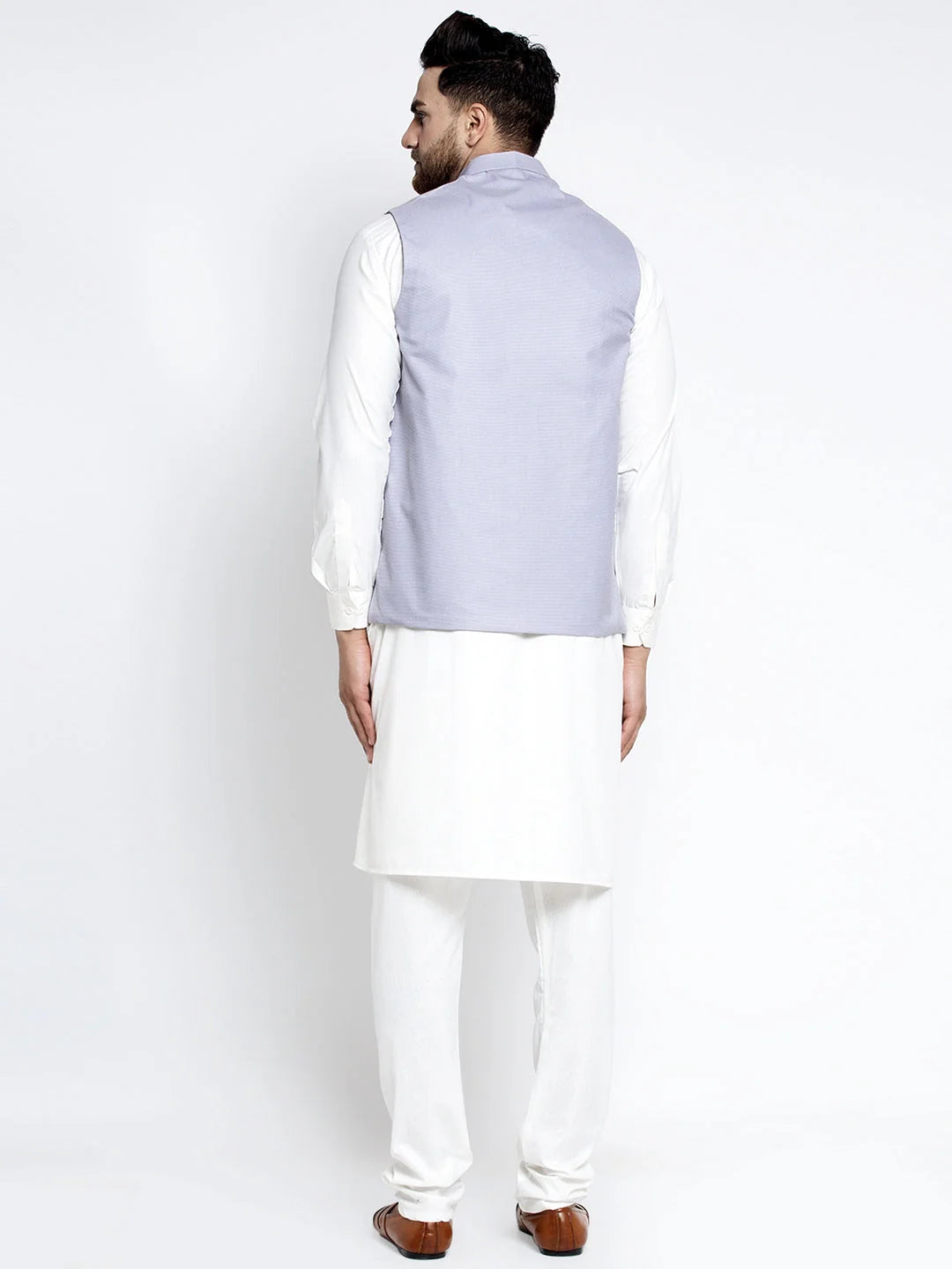 White Cotton Mens Kurta Geometric Waistcoat - Kurta Pajama
