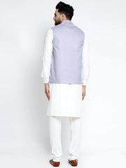 Men's Solid White Cotton Kurta Geometric Waistcoat