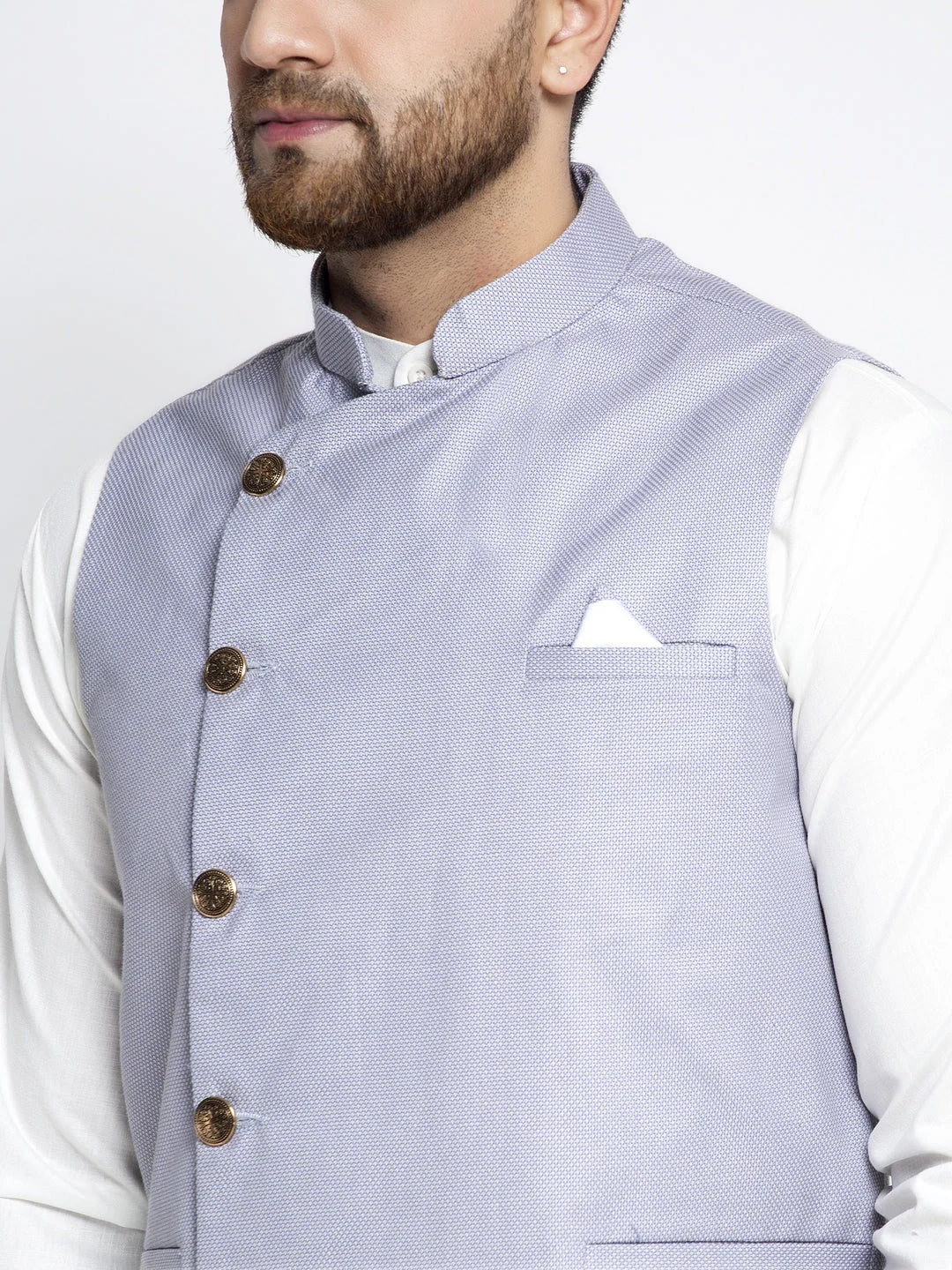 White Cotton Mens Kurta Geometric Waistcoat - Kurta Pajama
