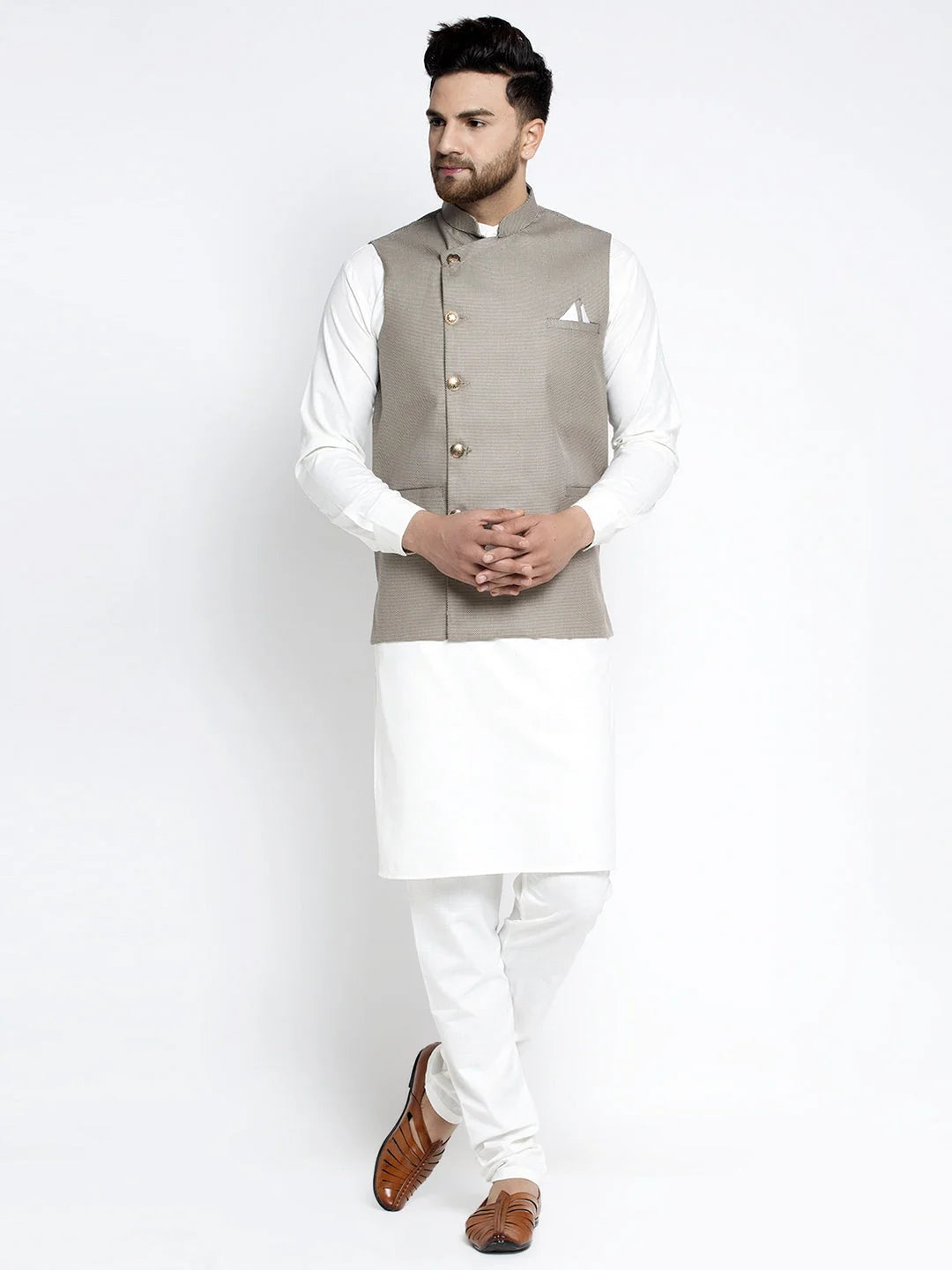 Men's Solid White Cotton Kurta Payjama with Geometric Waistcoat