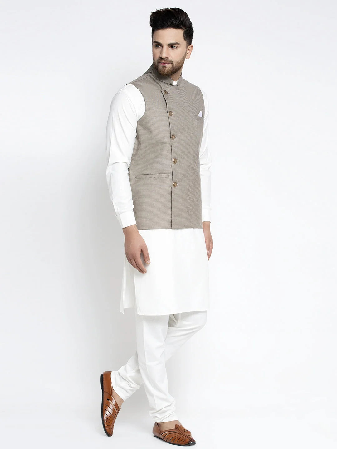 White Cotton Mens Kurta Pajama Set with Geometric Waistcoat