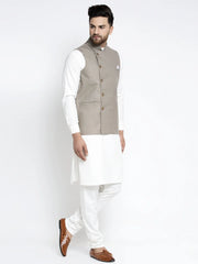 Men's Solid White Cotton Kurta Payjama with Geometric Waistcoat
