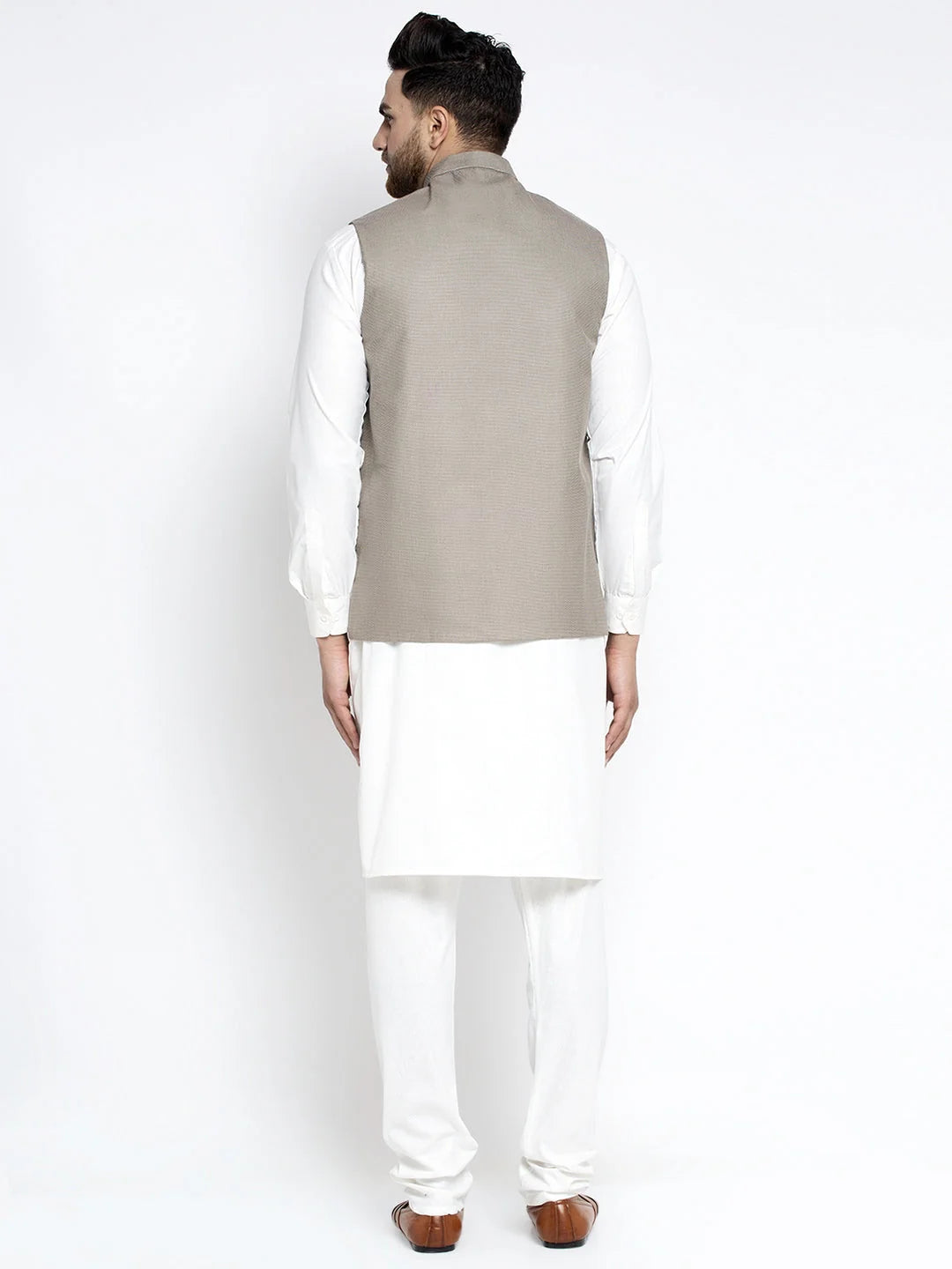 White Cotton Mens Kurta Pajama Set with Geometric Waistcoat