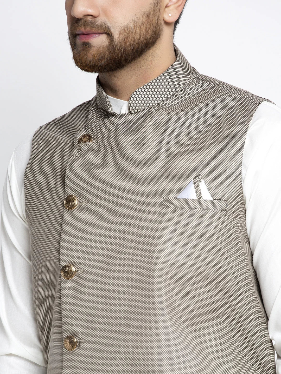 White Cotton Mens Kurta Pajama Set with Geometric Waistcoat