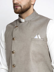 Men's Solid White Cotton Kurta Payjama with Geometric Waistcoat