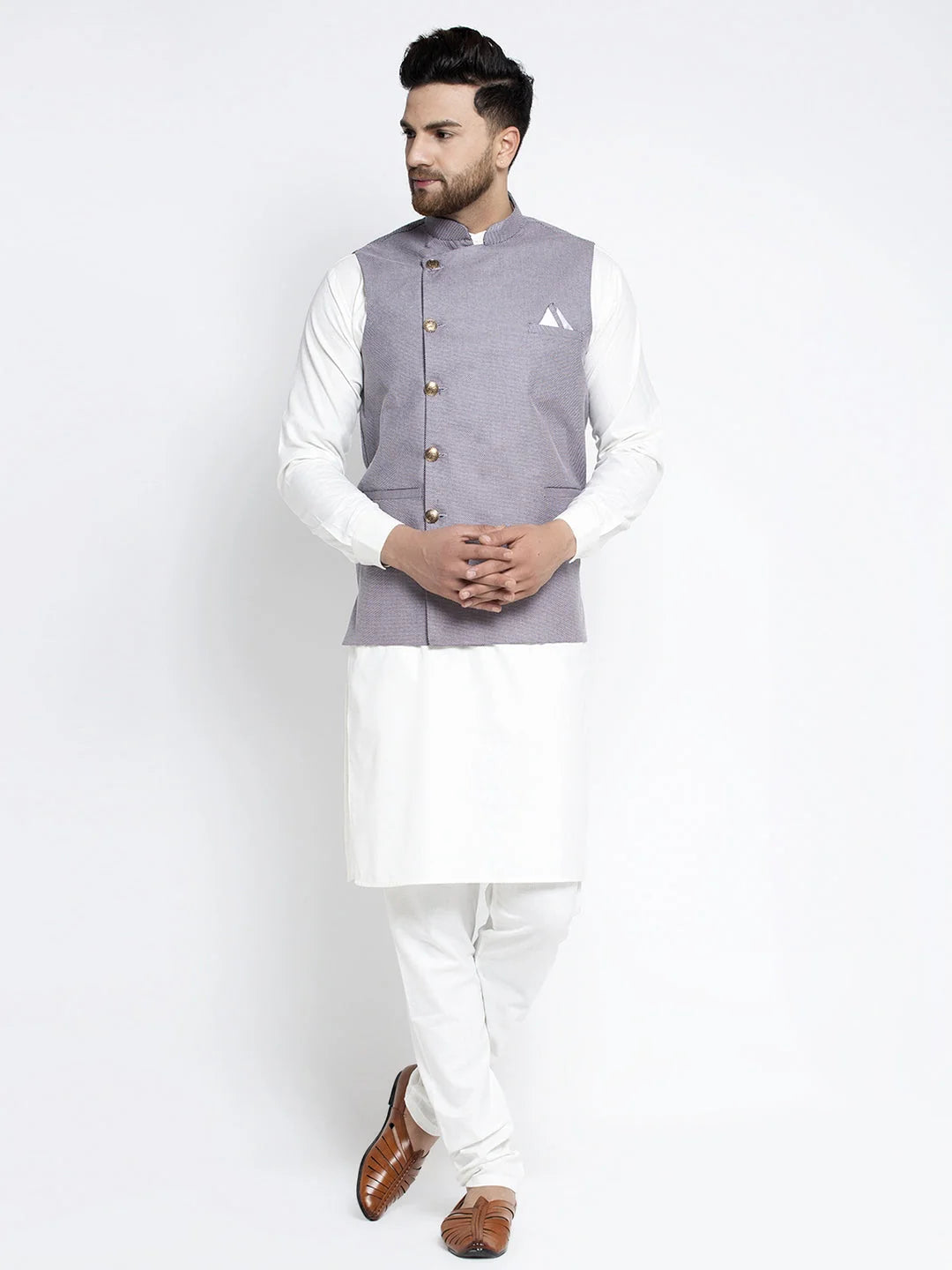 Men's Solid Cotton Kurta with Geometric Waistcoat