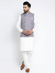 Men's Solid Cotton Kurta with Geometric Waistcoat