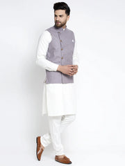Men's Solid Cotton Kurta with Geometric Waistcoat