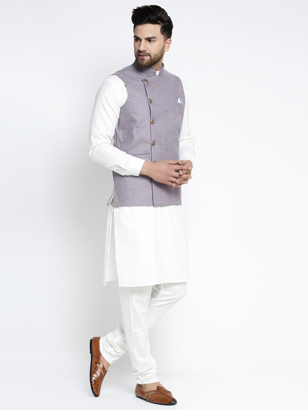 Cotton Mens Kurta Pajama Set with Geometric Waistcoat